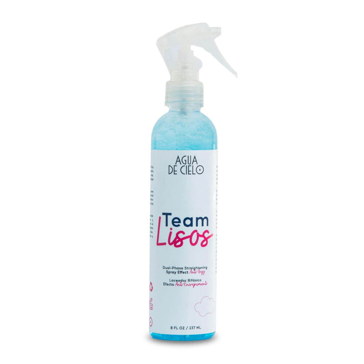 Agua de Cielo Team Lisos bottle shake demonstrates dual-phase activation for smoother styling.