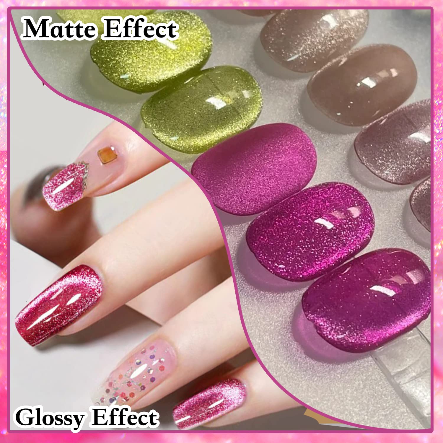 AHAMIOU cat eye disco glitter under light for holographic look.