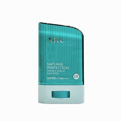 AHC Natural Perfection Double Shield Sun Stick provides SPF50+ protection in a portable 22g format.