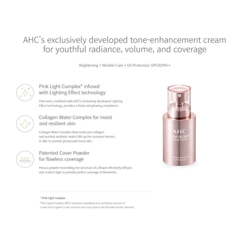 AHC Tone Up Cream SPF30 swatch demonstrating even skin tone and subtle glow.