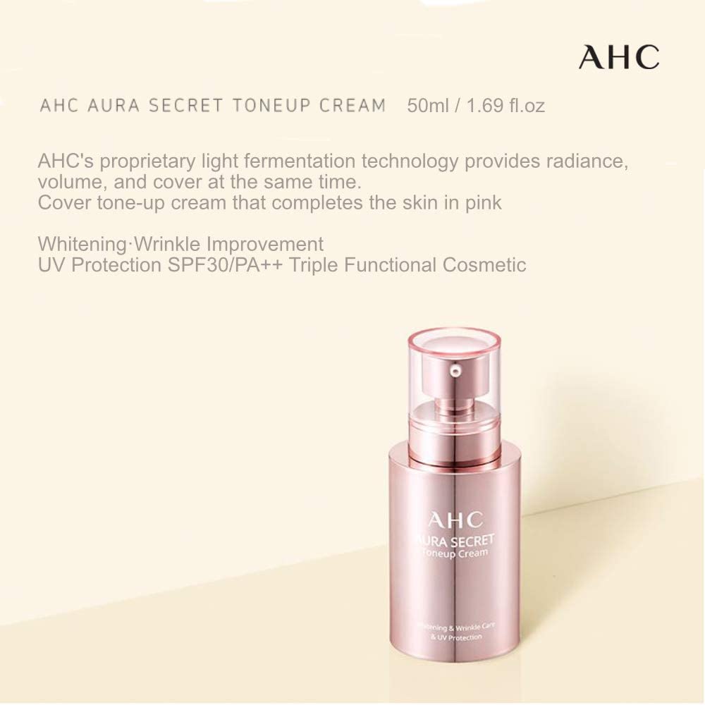 AHC Tone Up Cream texture close-up showing light-reflecting finish.