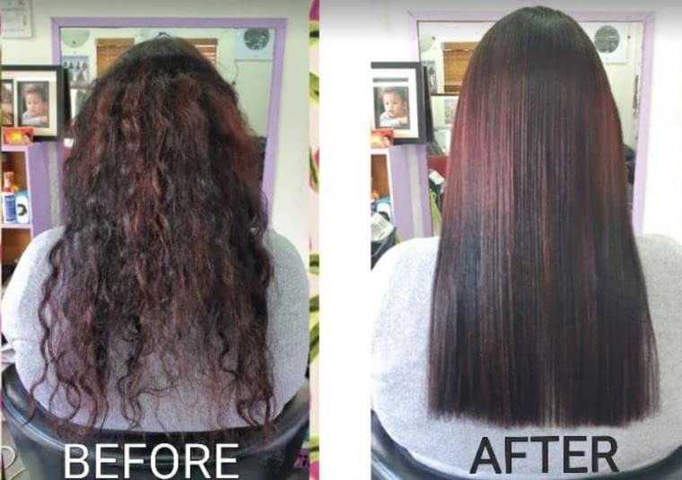 Ahglow before-after hair straightening reveals transformation and shine.