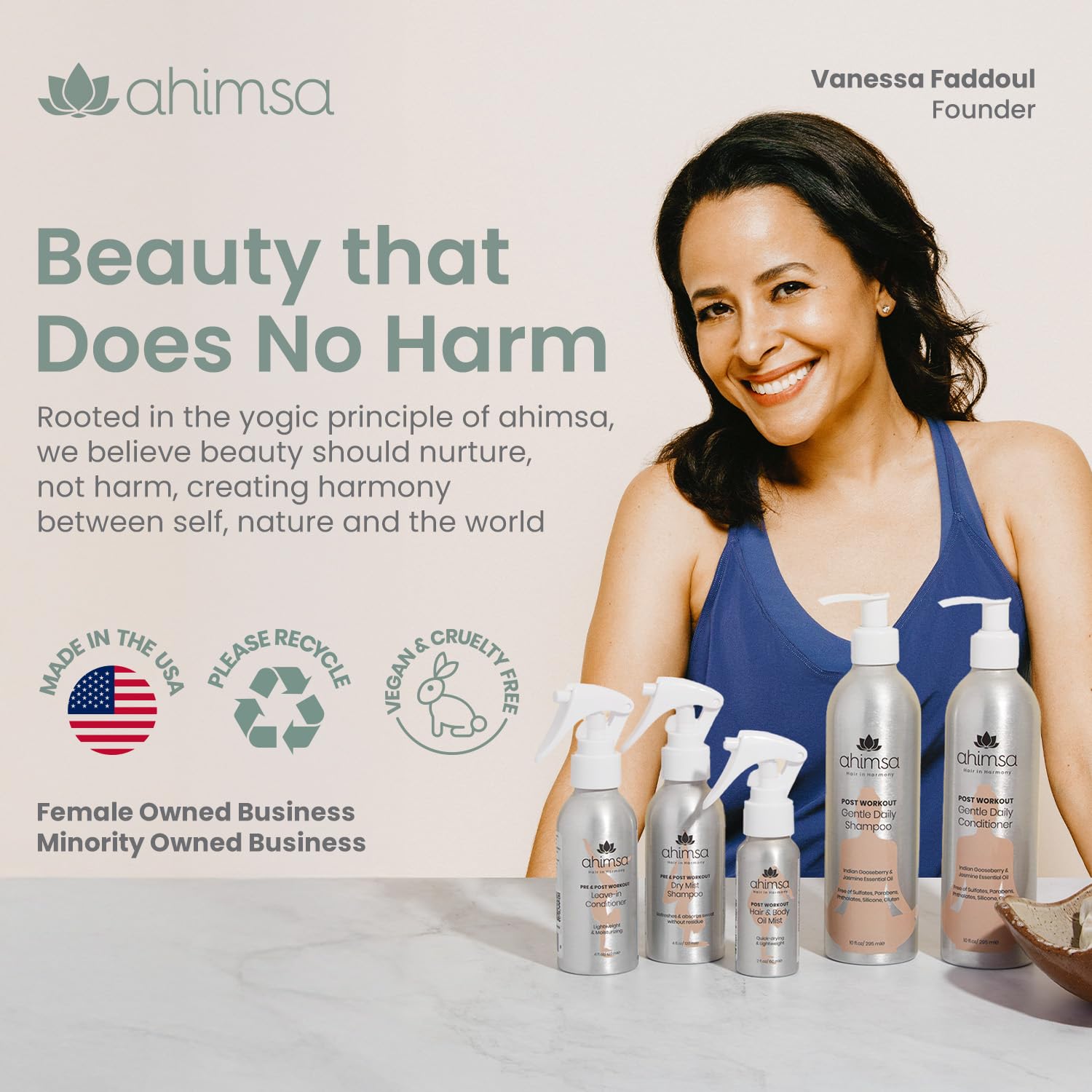 Ahimsa aluminum bottle packaging shown as eco-friendly option for sustainable skincare.