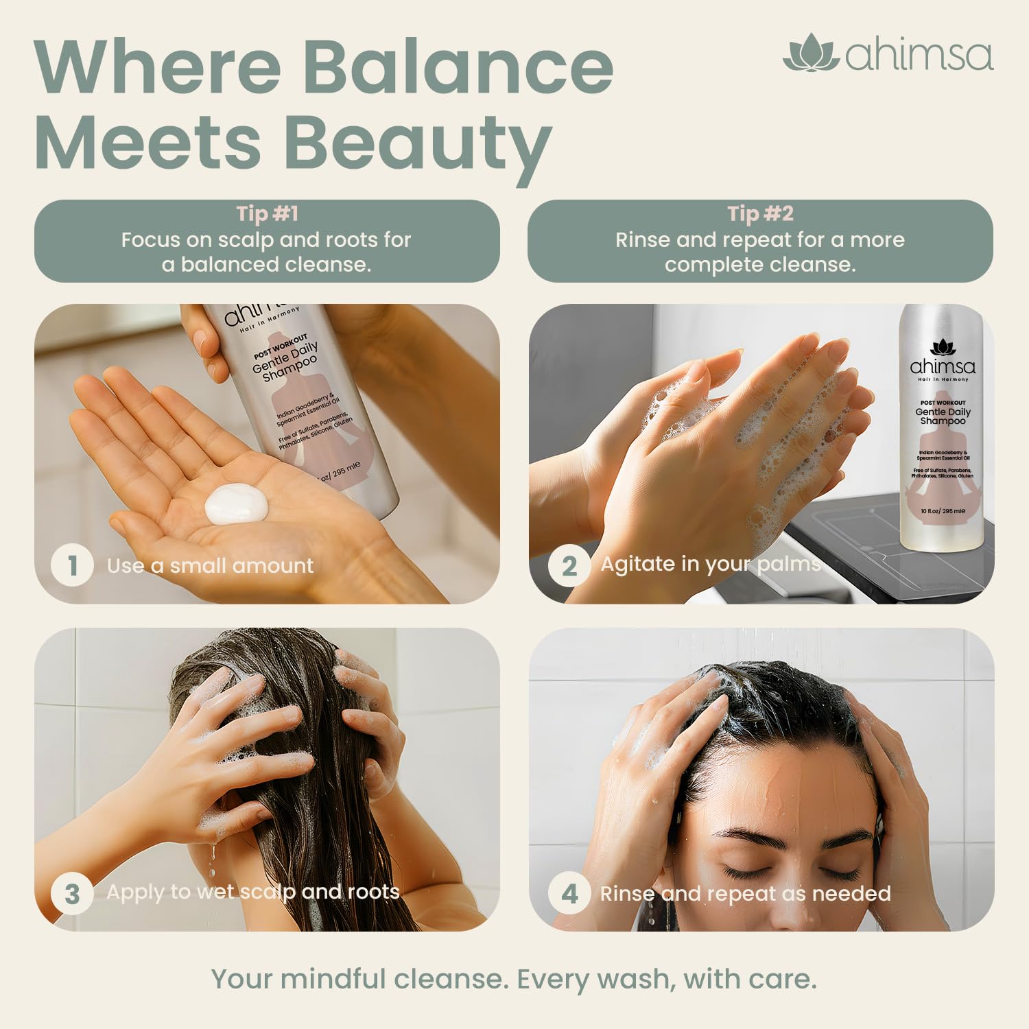Bottle with jasmine blossoms to evoke jasmine aroma in Ahimsa shampoo
