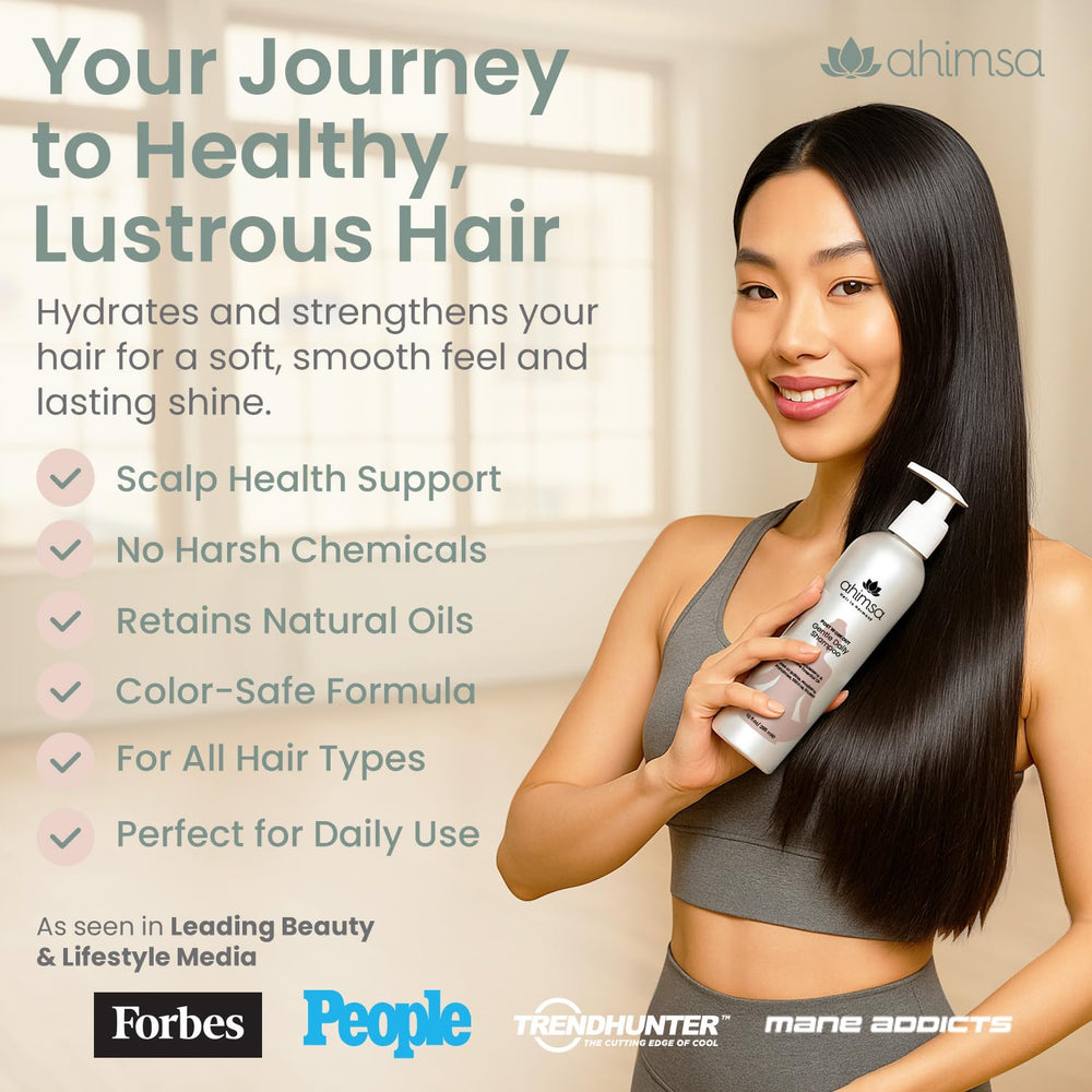 Close-up of Ahimsa label showing organic ingredients and cruelty-free claim