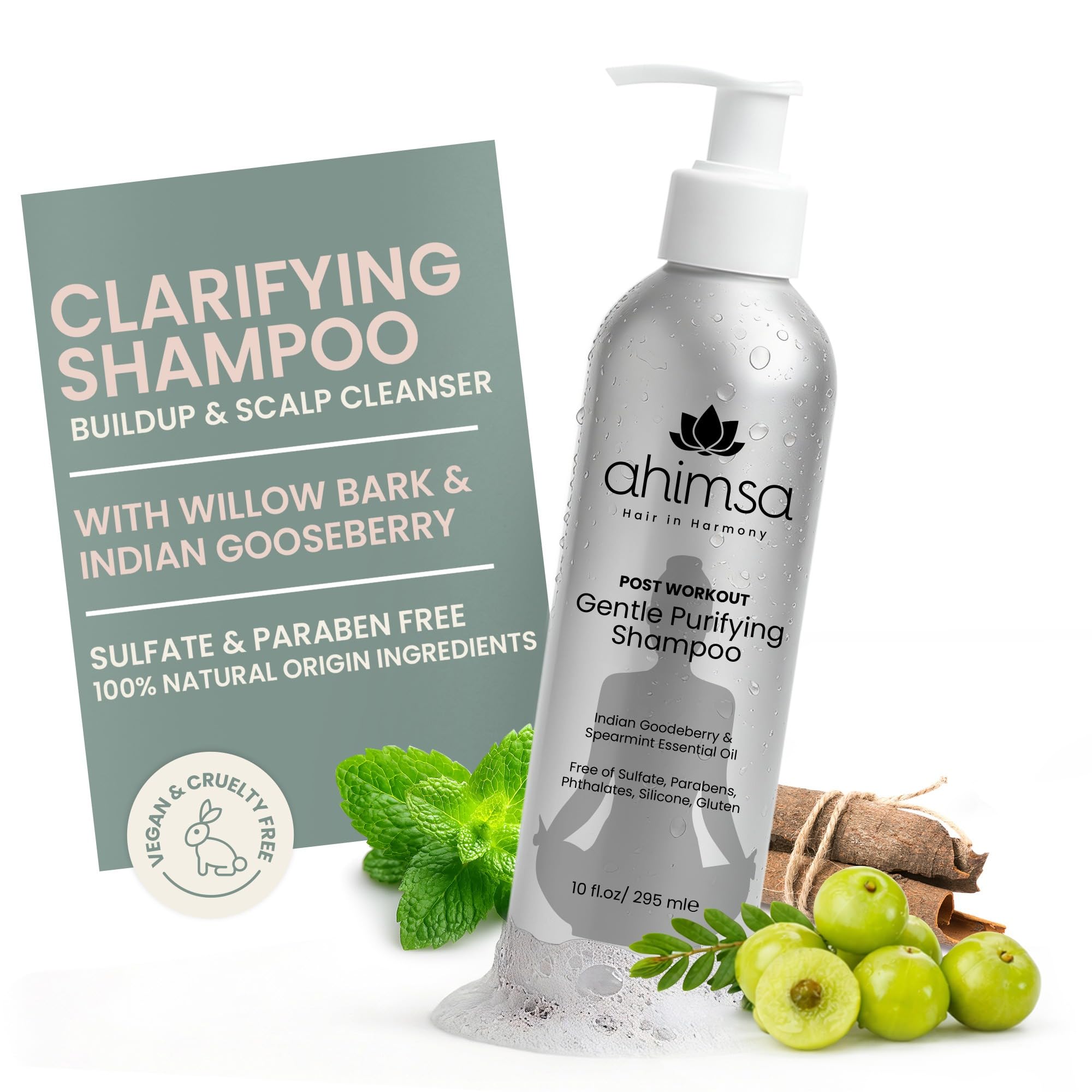Ahimsa Gentle Purifying Shampoo bottle shows a daily clarifying cleanse for oily hair.