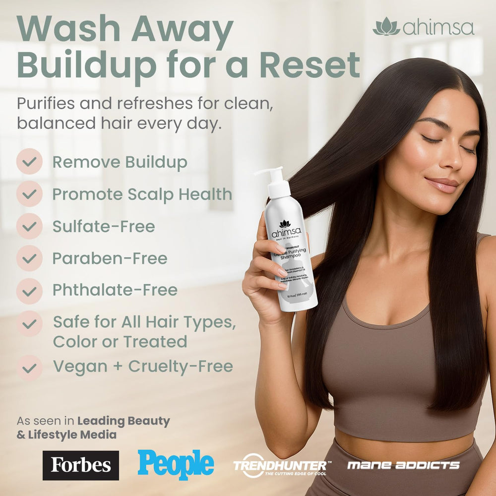 Ahimsa shampoo pour demonstrates easy application for a fresh scalp experience.