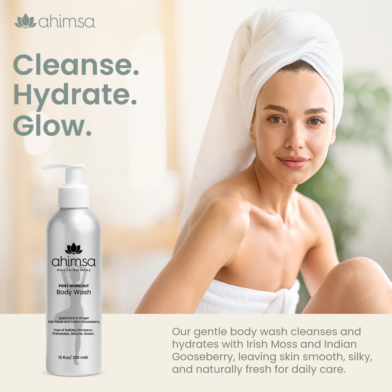 Ahimsa spearmint-ginger scent close-up awakens the senses during shower.