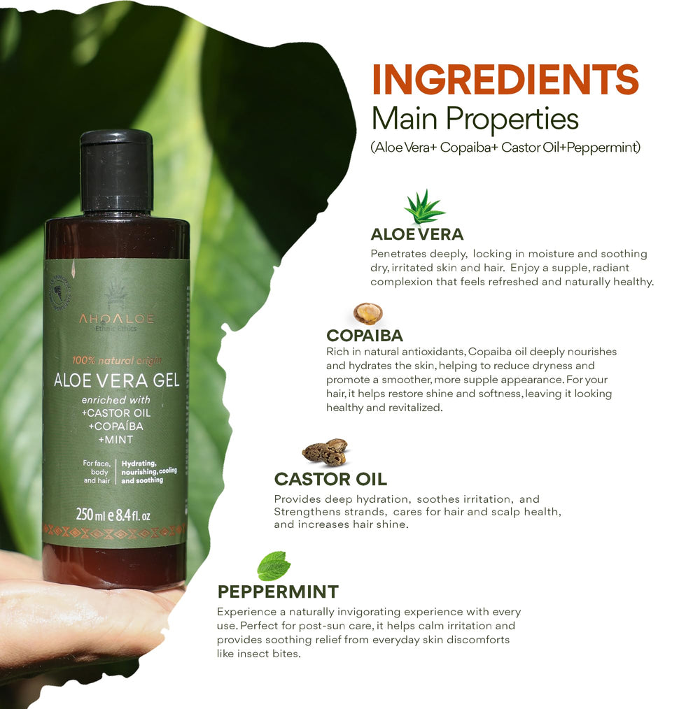 AhoAloe aloe vera gel bottle with copaiba and mint for cooling sun care