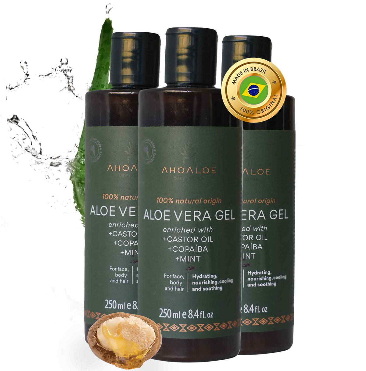 AhoAloe three pack Brazilian Aloe Vera gel bottles for versatile face skin and hair care