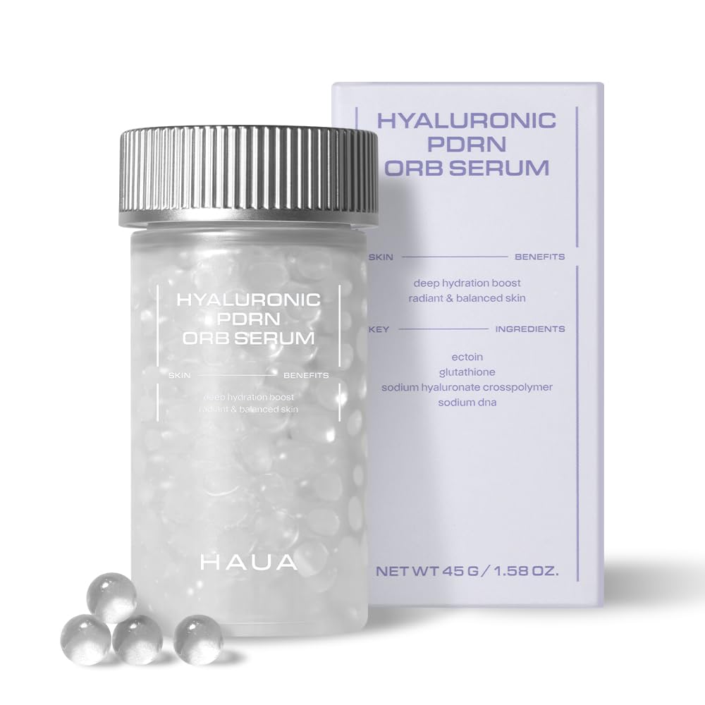 HAUA Hyaluronic PDRN serum bottle shows dual-layer beads delivering actives.