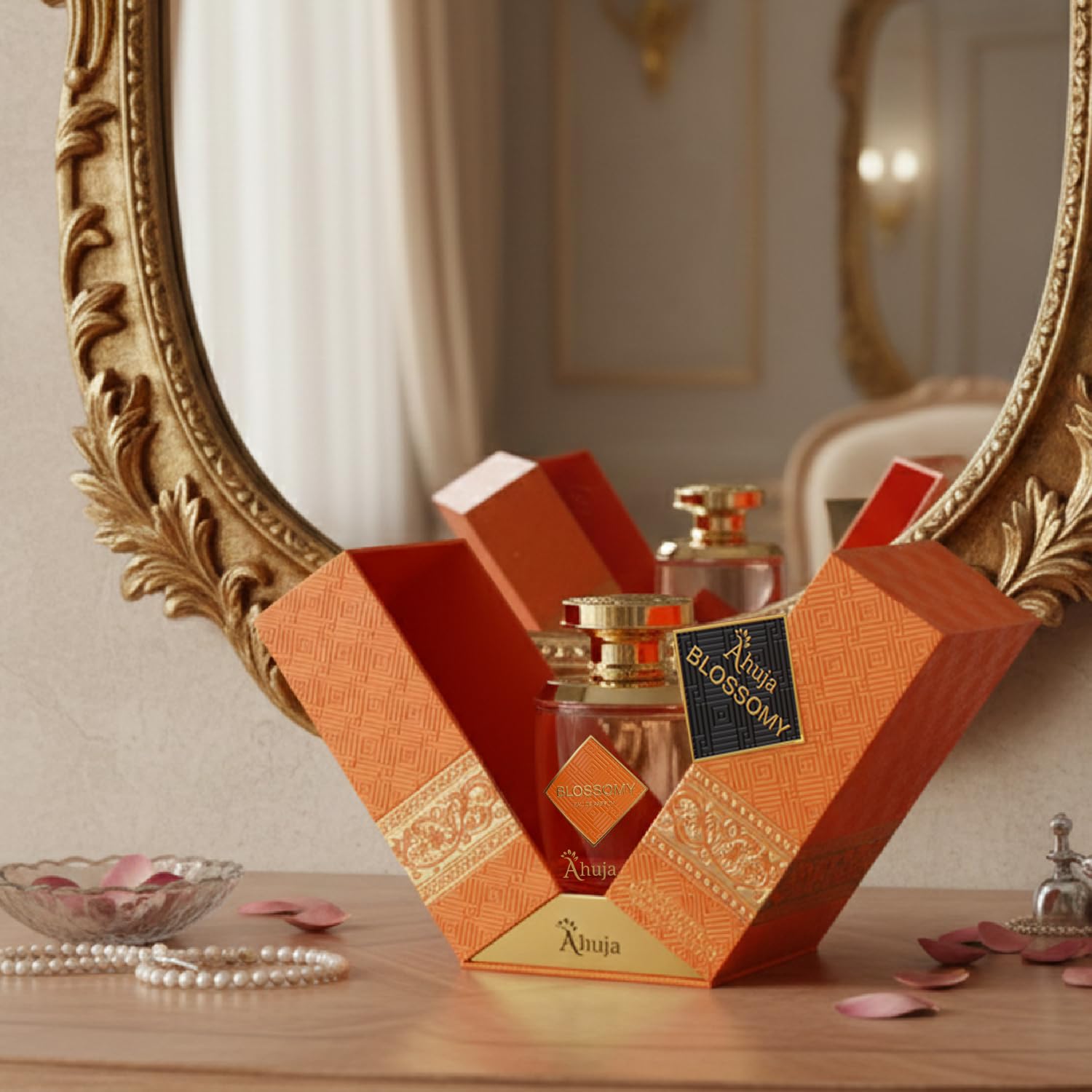 AHUJA Blossomy vanity display on a dresser