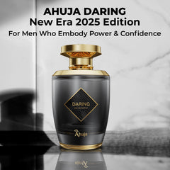 AHUJA Daring label closeup, premium packaging cues and quality.