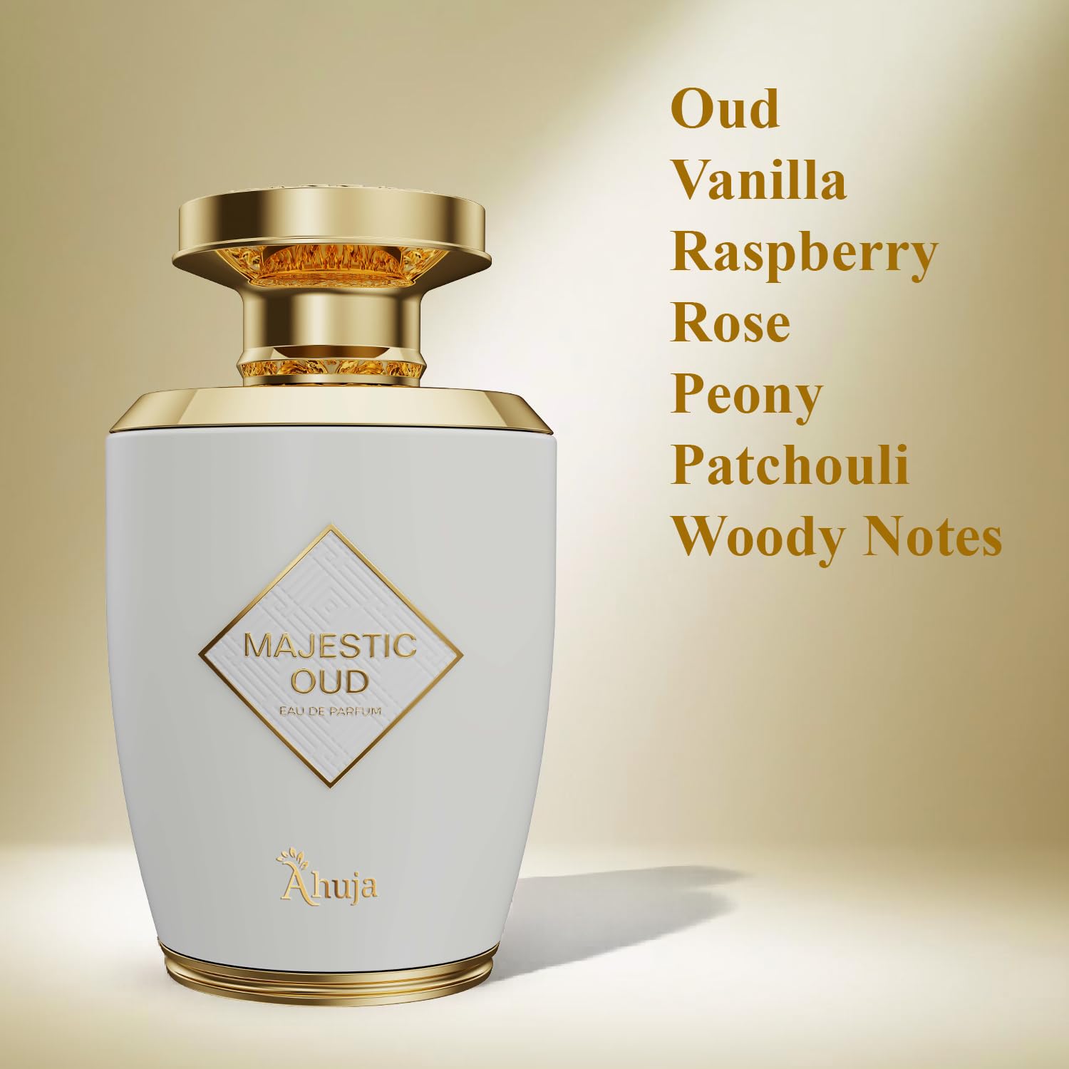 AHUJA Majestic Oud bottle closeup showing luxury cap and refined finish