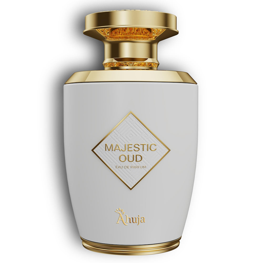AHUJA Majestic Oud bottle front view with premium packaging, ideal for gifting
