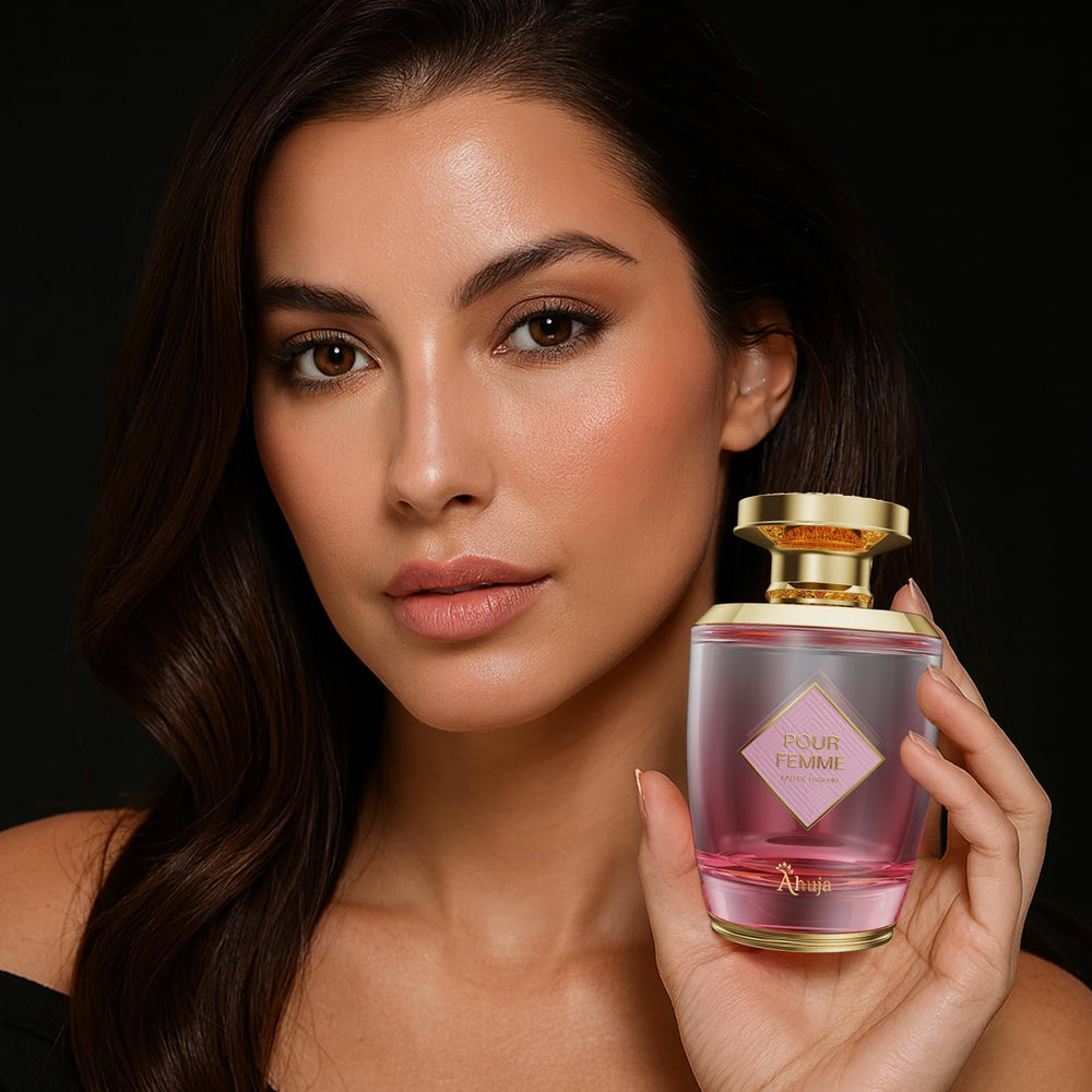 AHUJA Pour Femme juice-dispensing closeup invites daily spritz rituals