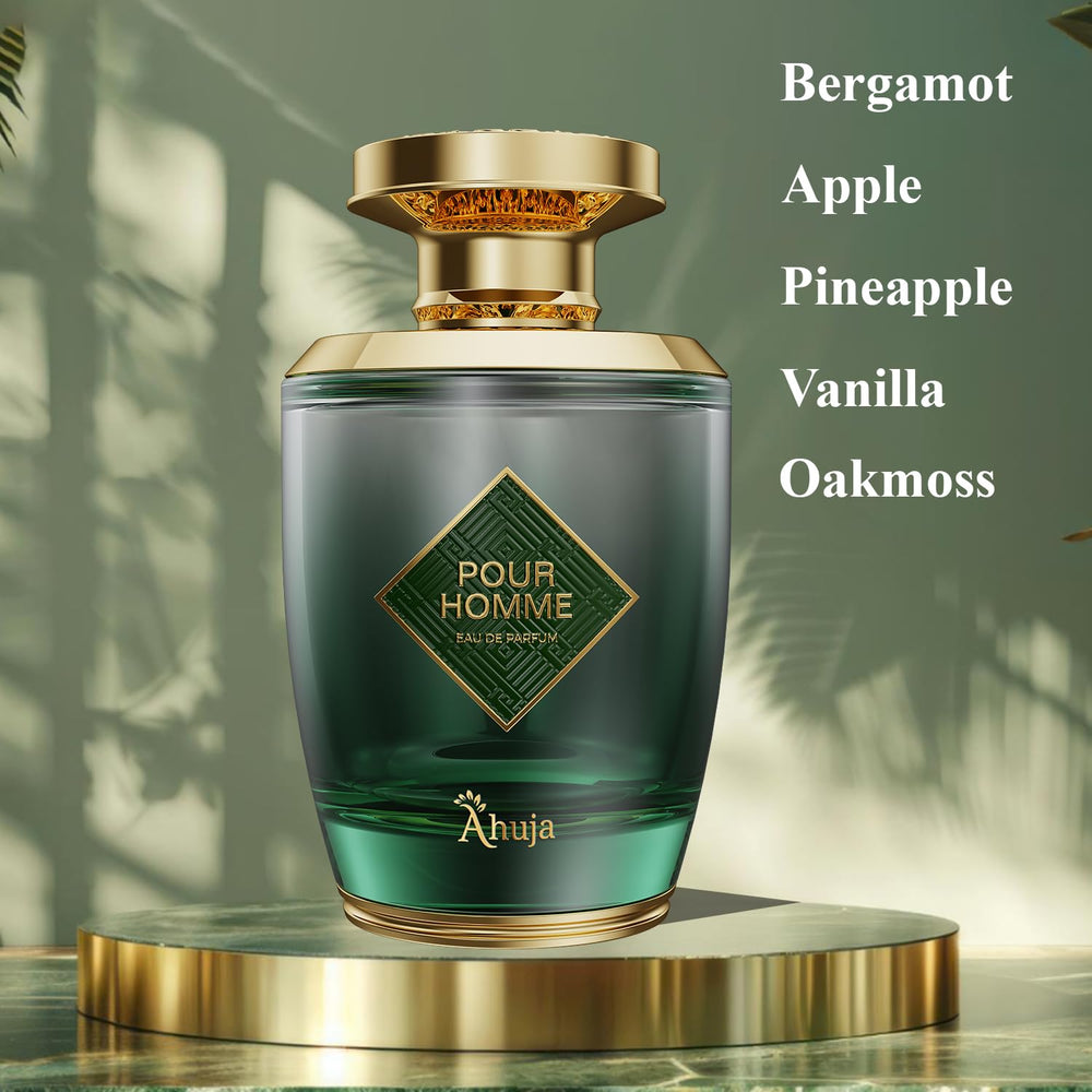 AHUJA Pour Homme elegant packaging highlights luxury presentation