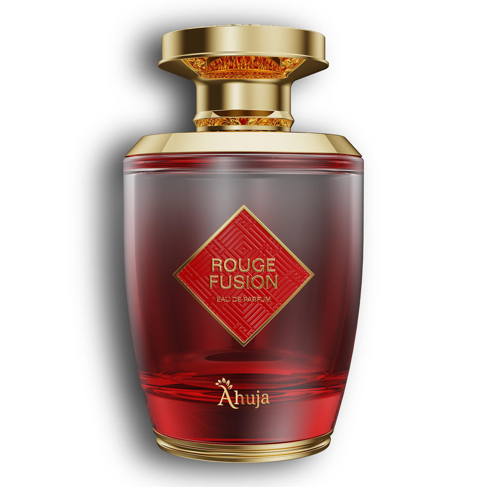 AHUJA Rouge Fusion bottle front view shows bold unisex perfume for daily confidence.