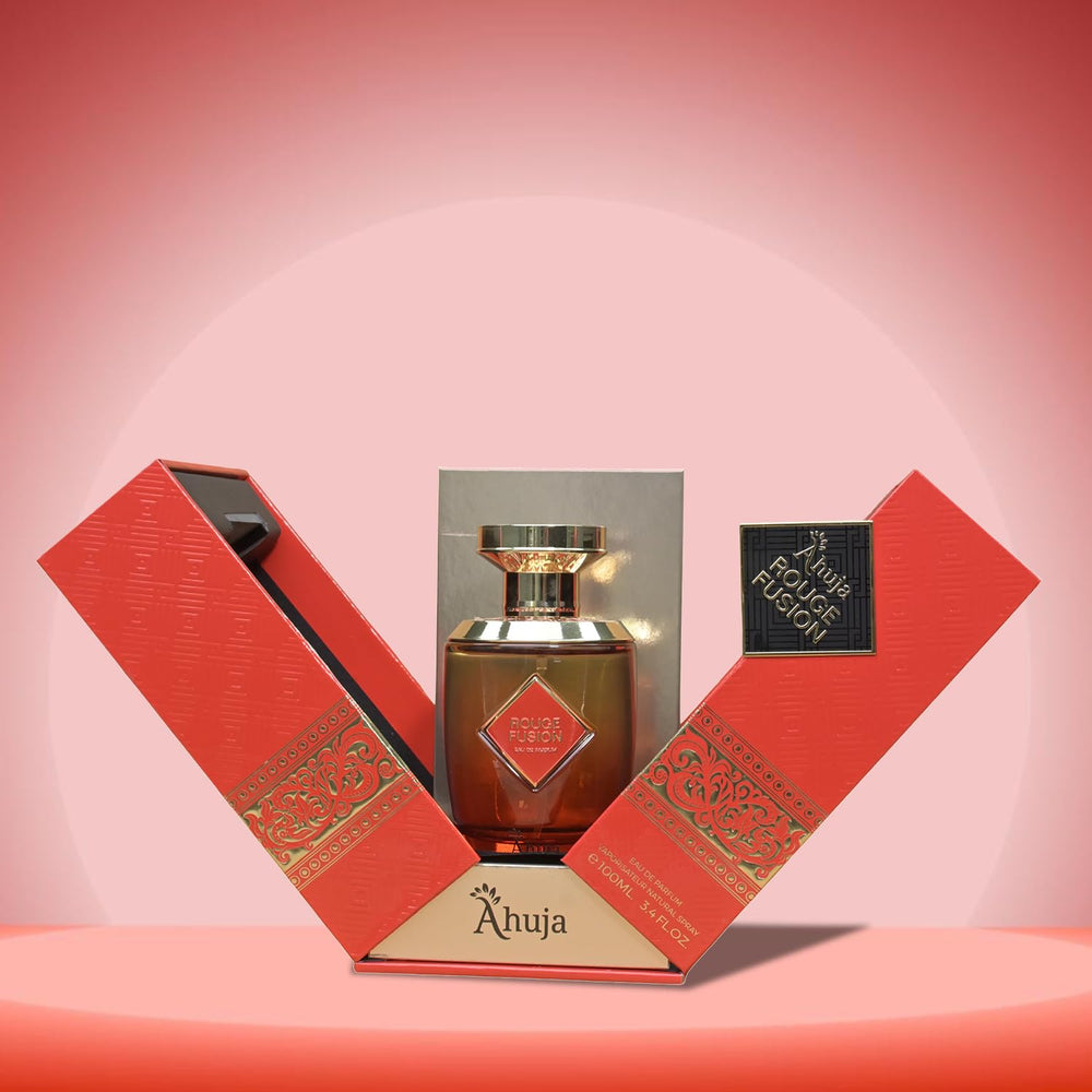 AHUJA Rouge Fusion bottle side angle highlights premium design and lasting aroma.