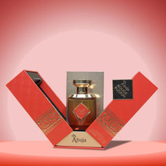 AHUJA Rouge Fusion bottle side angle highlights premium design and lasting aroma.