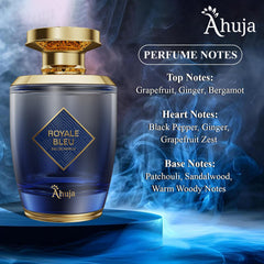 AHUJA Royal Bleu bottle cap close-up shows secure closure and refined finish.