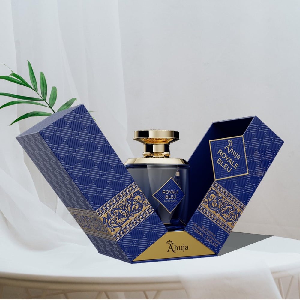 AHUJA Royal Bleu bottle side view highlighting premium packaging for gifting.