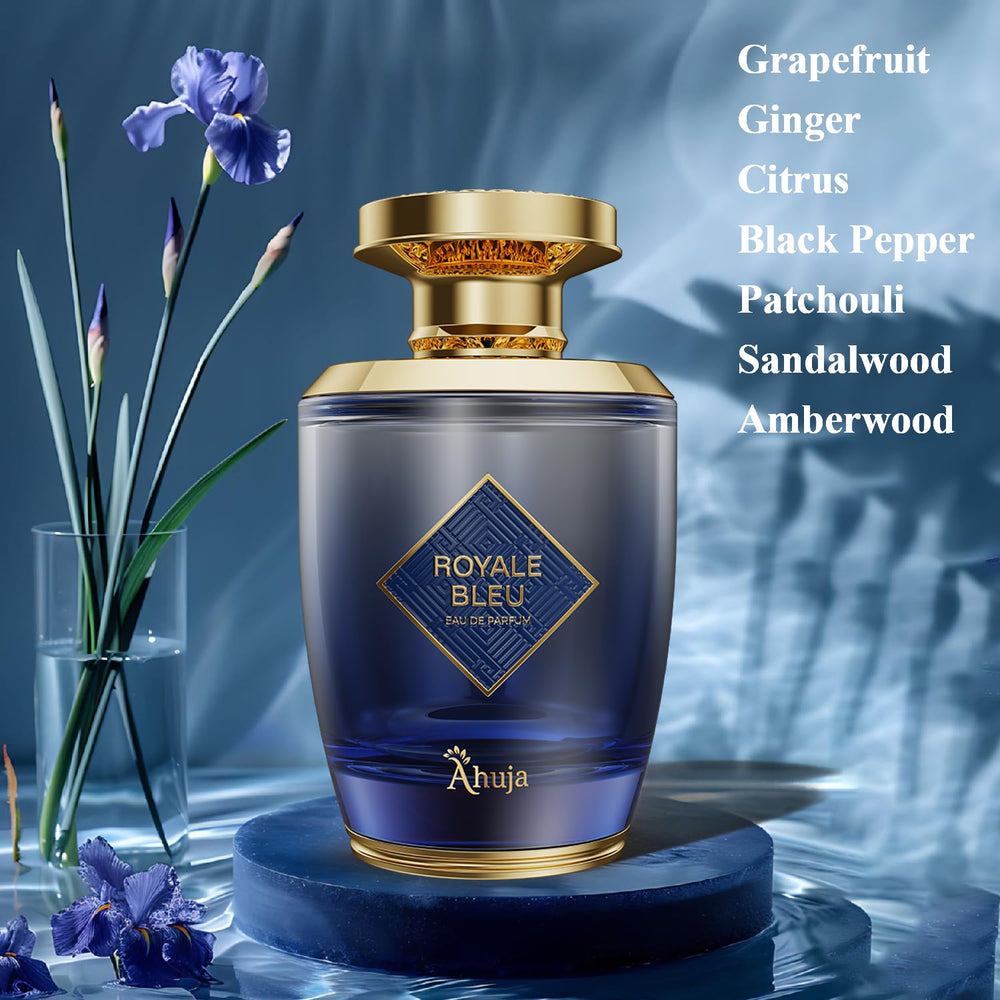 AHUJA Royal Bleu packaging shot demonstrates luxury unboxing appeal.