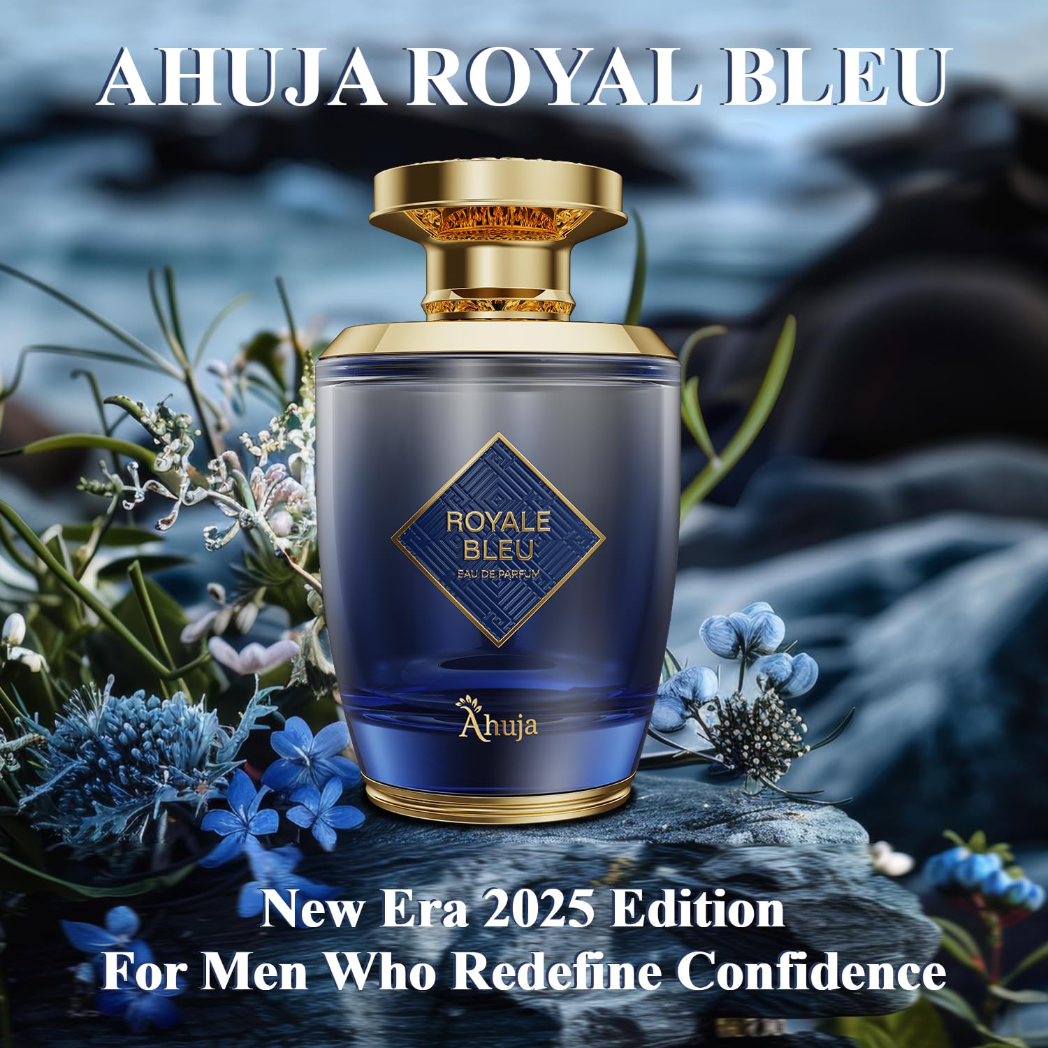 AHUJA Royal Bleu woody-note close-up reveals patchouli and sandalwood depth.