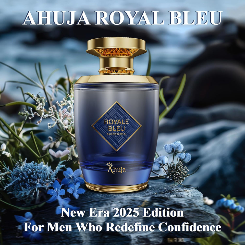 AHUJA Royal Bleu woody-note close-up reveals patchouli and sandalwood depth.