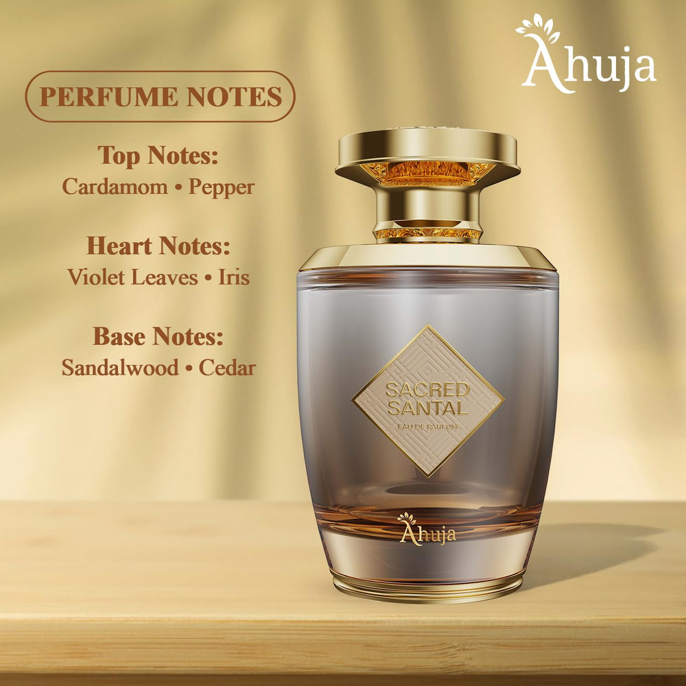 AHUJA Sacred Santal leather texture hints bold, sophisticated aura.