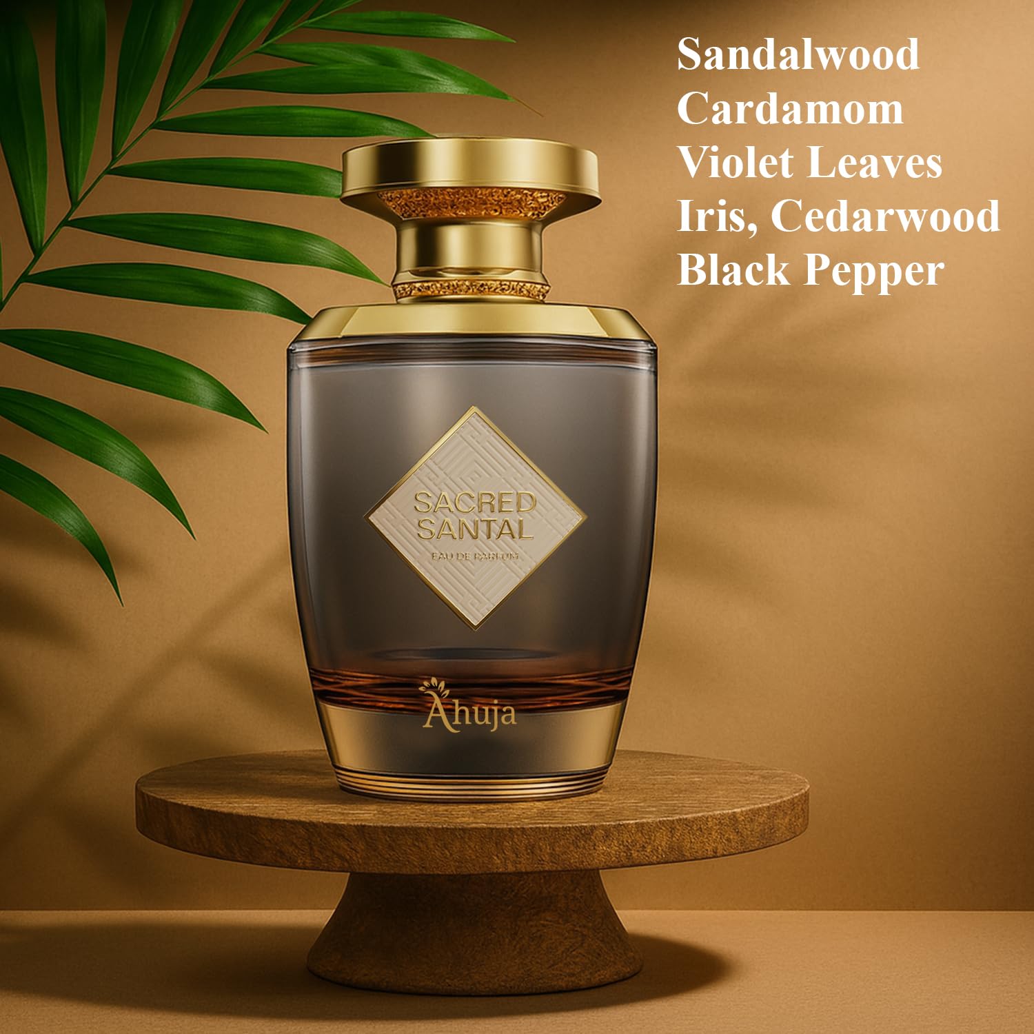 AHUJA Sacred Santal close-up shows sandalwood and cedar base for earthy depth.
