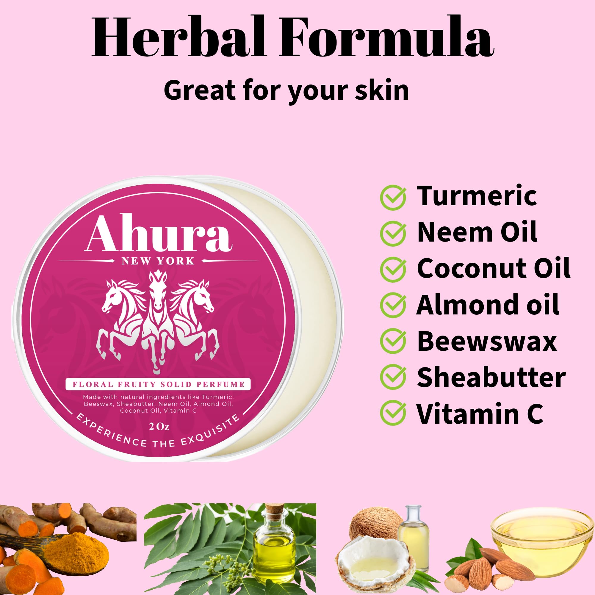 Alcohol-free, cruelty-free Ahura balm shown in eco-friendly packaging.