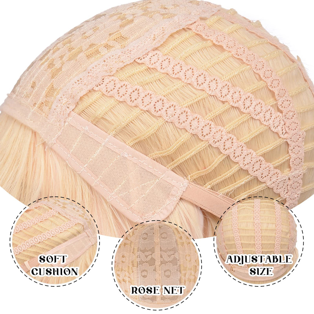Aida ble blonde bob wig cap with adjustable straps for secure fit