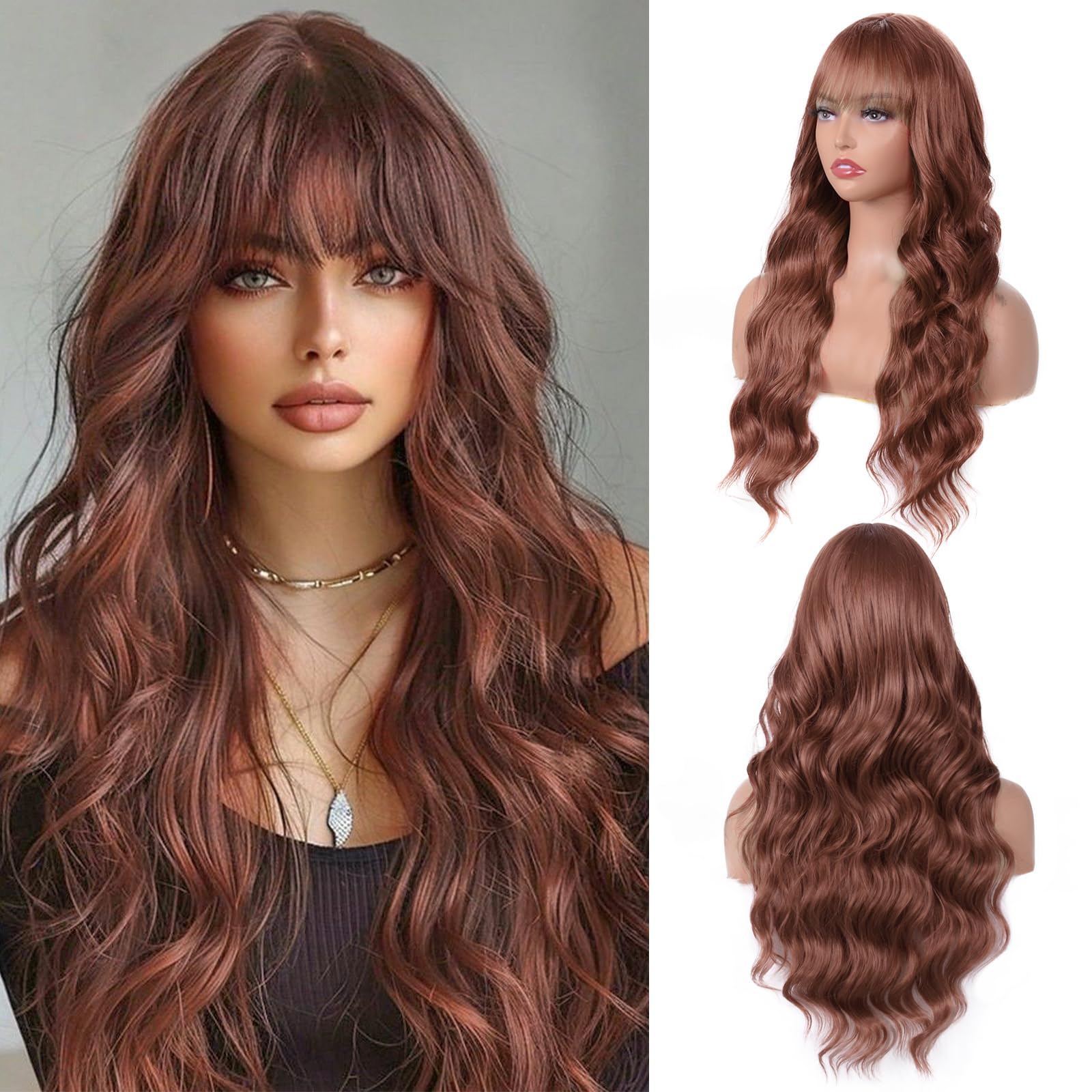 Aida ble brown wig with bangs in a long, wavy style for daily wear.