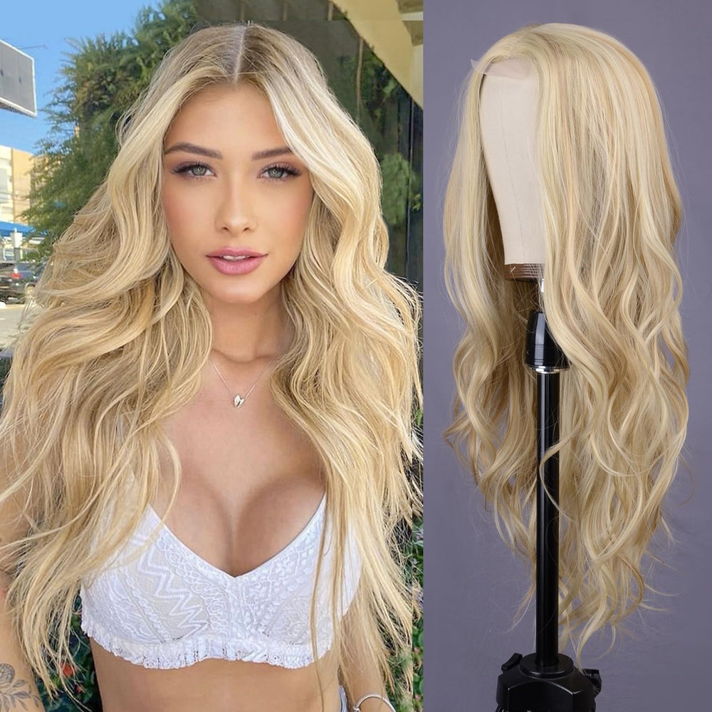 Aida ble mixed blonde long wave wig with middle part for a natural daily look.