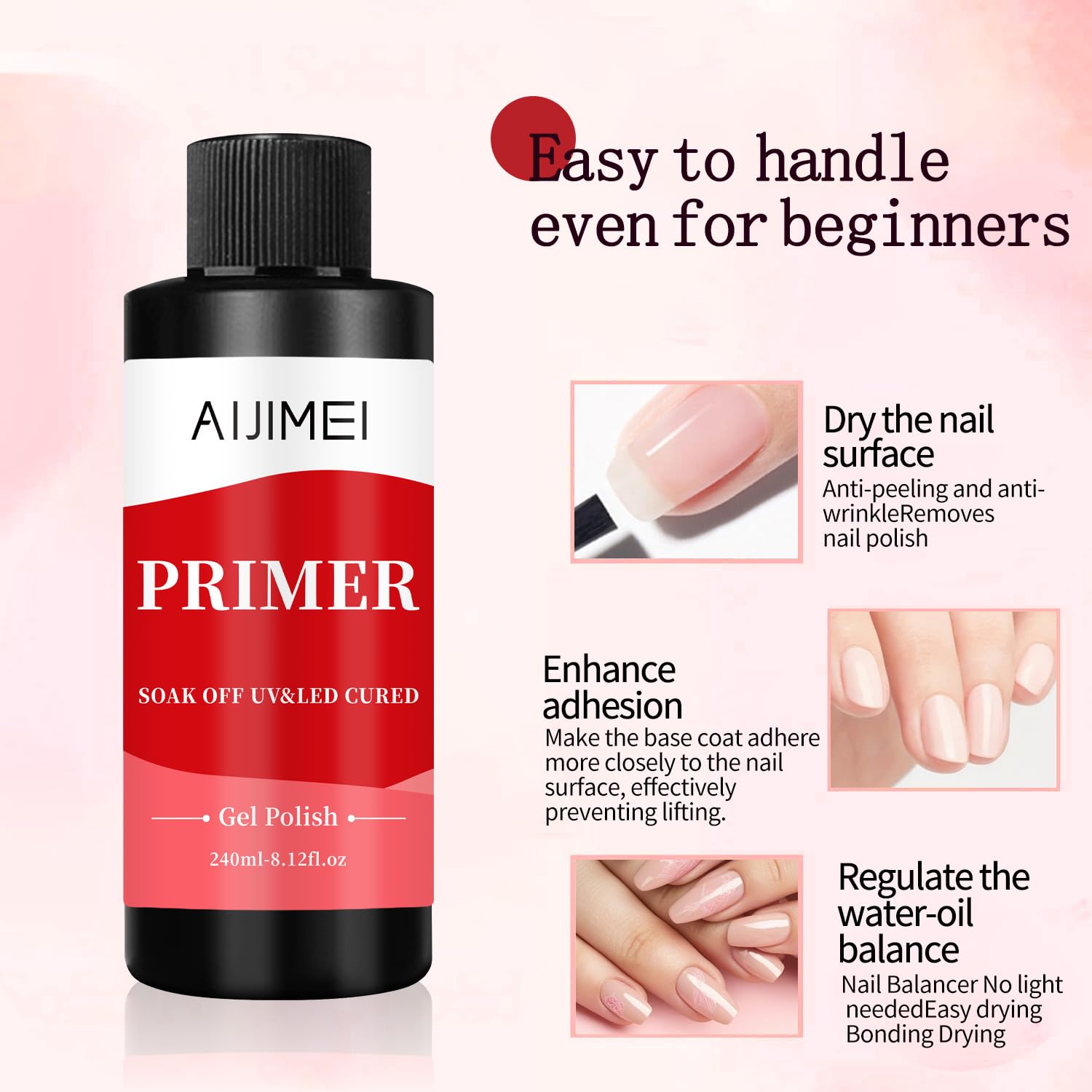 AIJIMEI nail-primer quick-dry technology image highlights time-saving benefits.