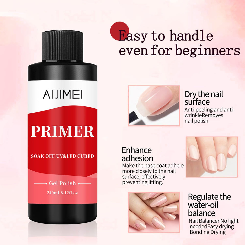 AIJIMEI nail-primer quick-dry technology image highlights time-saving benefits.