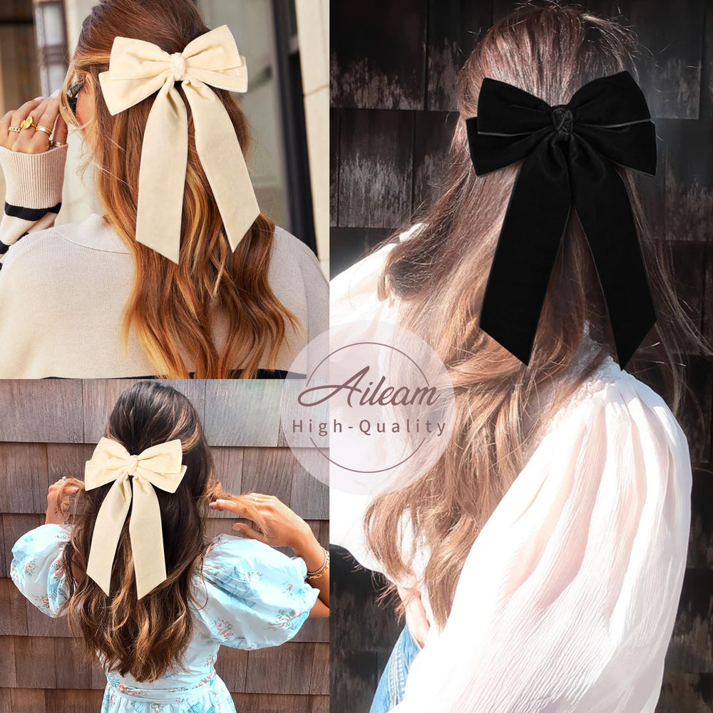 Aileam velvet bow clipped to hair for secure hold