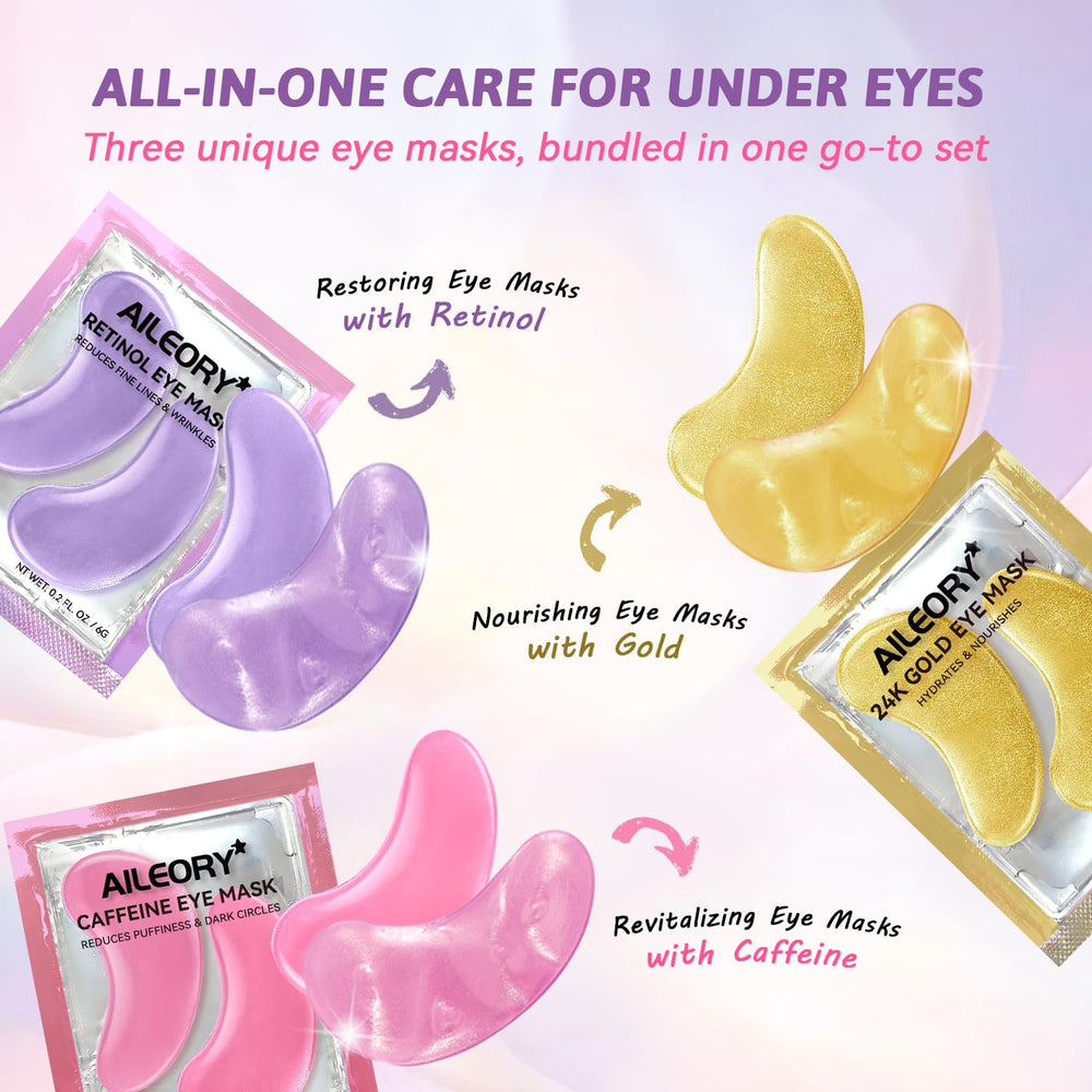 AILEORY 24K gold under-eye patch highlighting brightening effect for radiant skin.