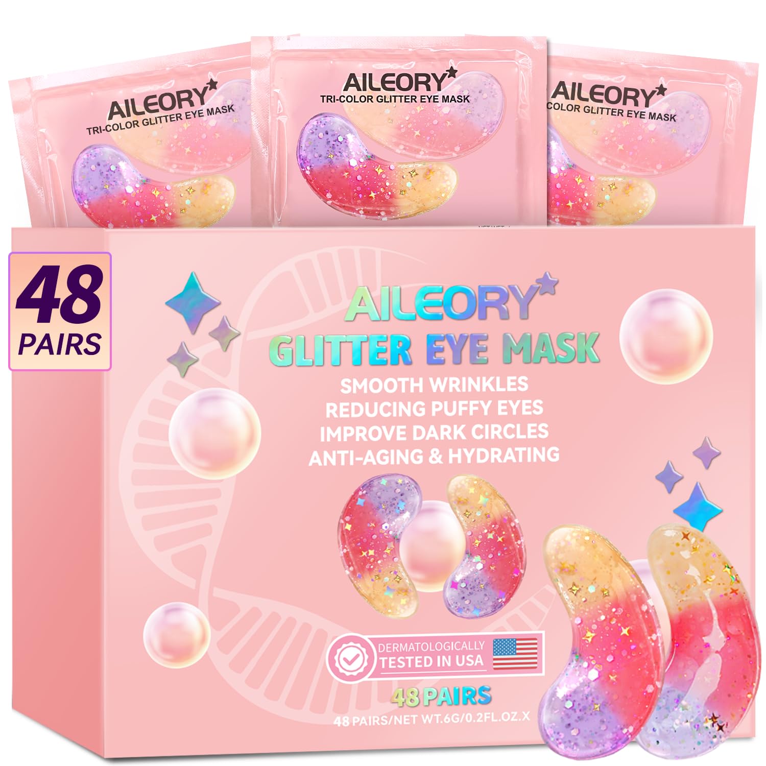 AILEORY under-eye patches in tri-color gel for deep hydration and refreshed look.