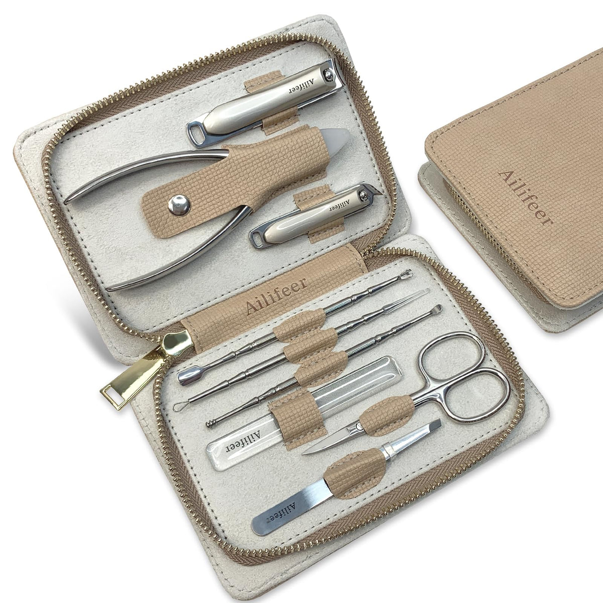 AILIFEER 9-in-1 manicure kit close-up, premium stainless steel tools