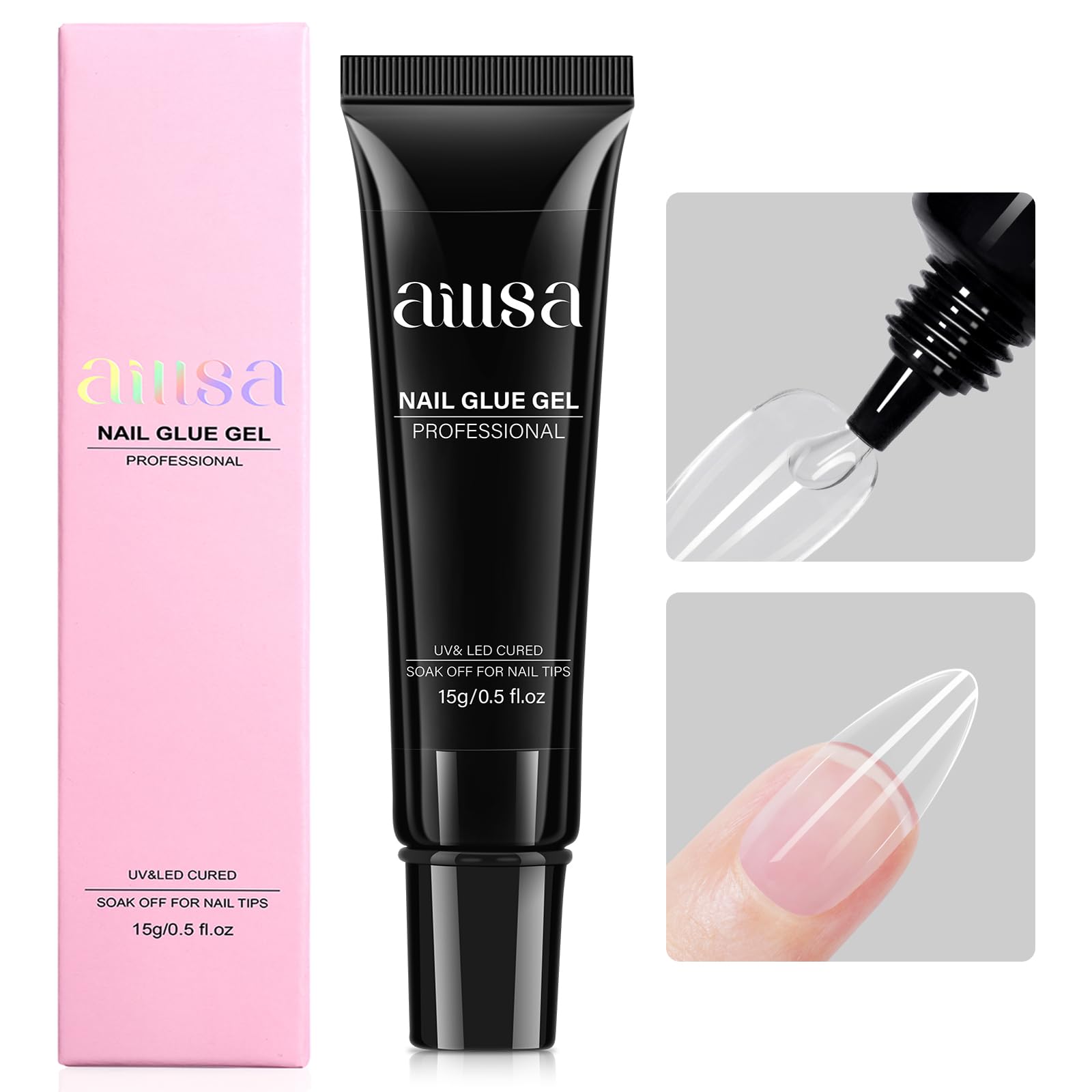 AILLSA gel nail glue bottle close-up for strong tip bonding.