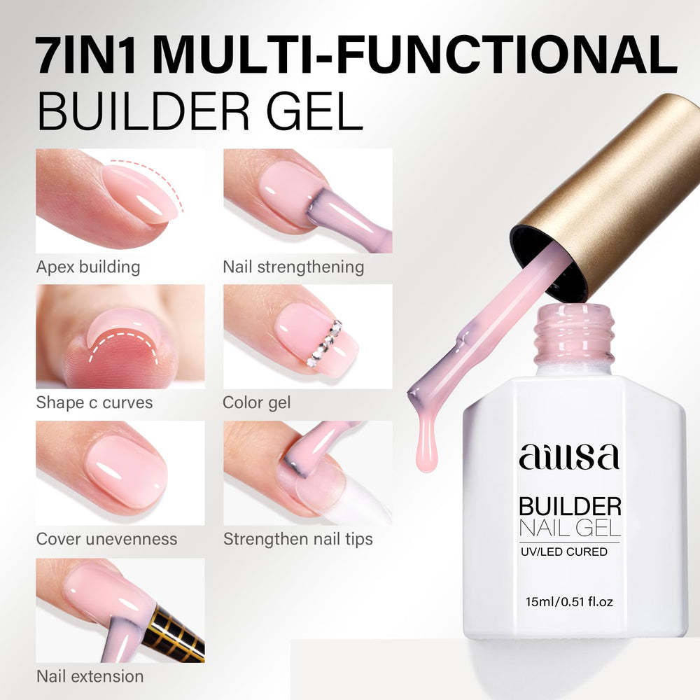 AILLSA builder gel bottle with brush illustrating precise, even application.