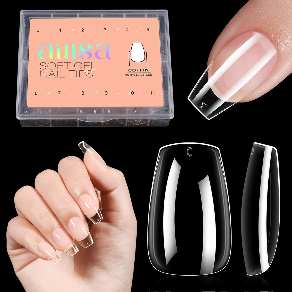 AILLSA clear coffin nail tips provide a 504-piece kit for precise DIY extensions.