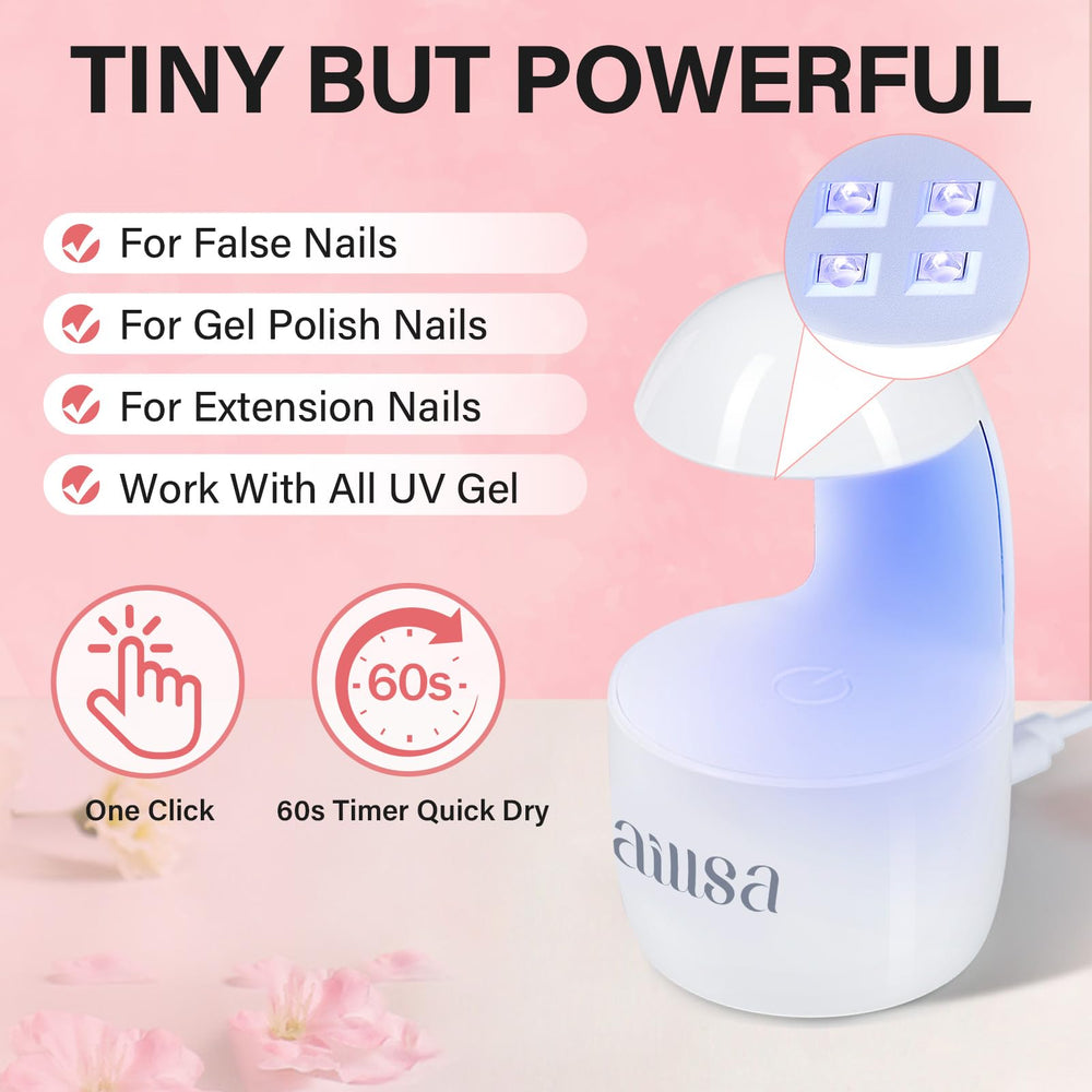 AILLSA compact UV lamp cures gel quickly with touch sensor.