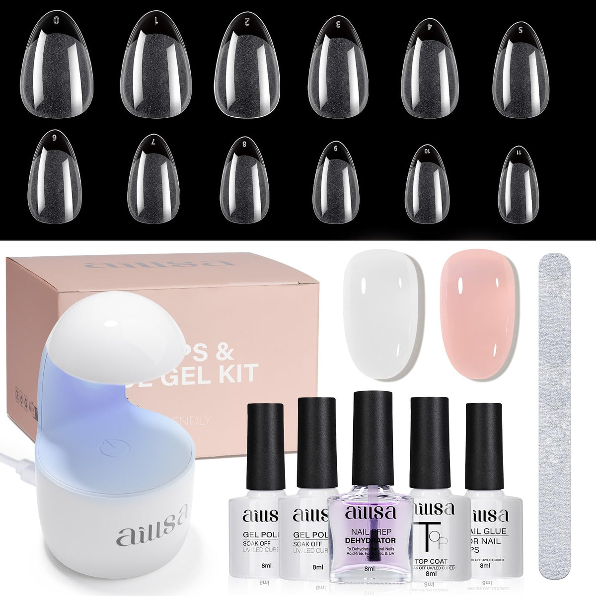 AILLSA gel nail kit with short almond tips for a complete at-home manicure.