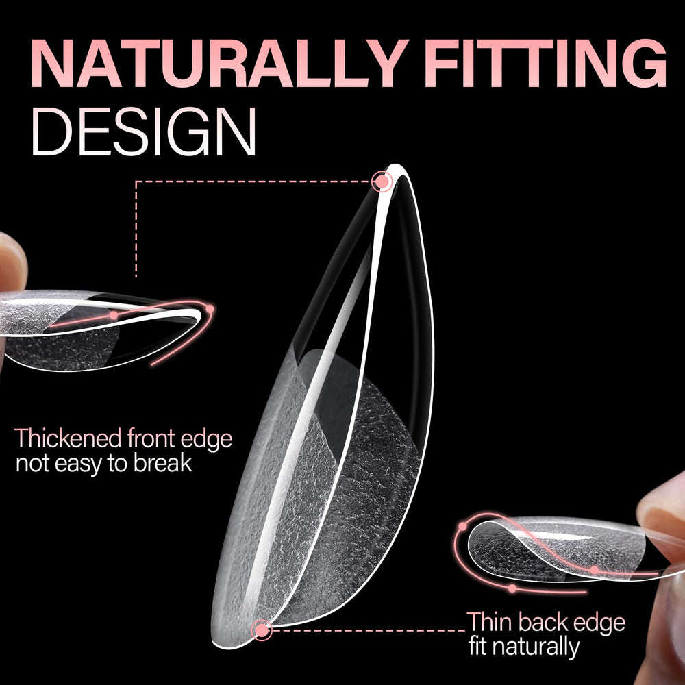 AILLSA half-matte almond tips close-up showing smooth edge finish.