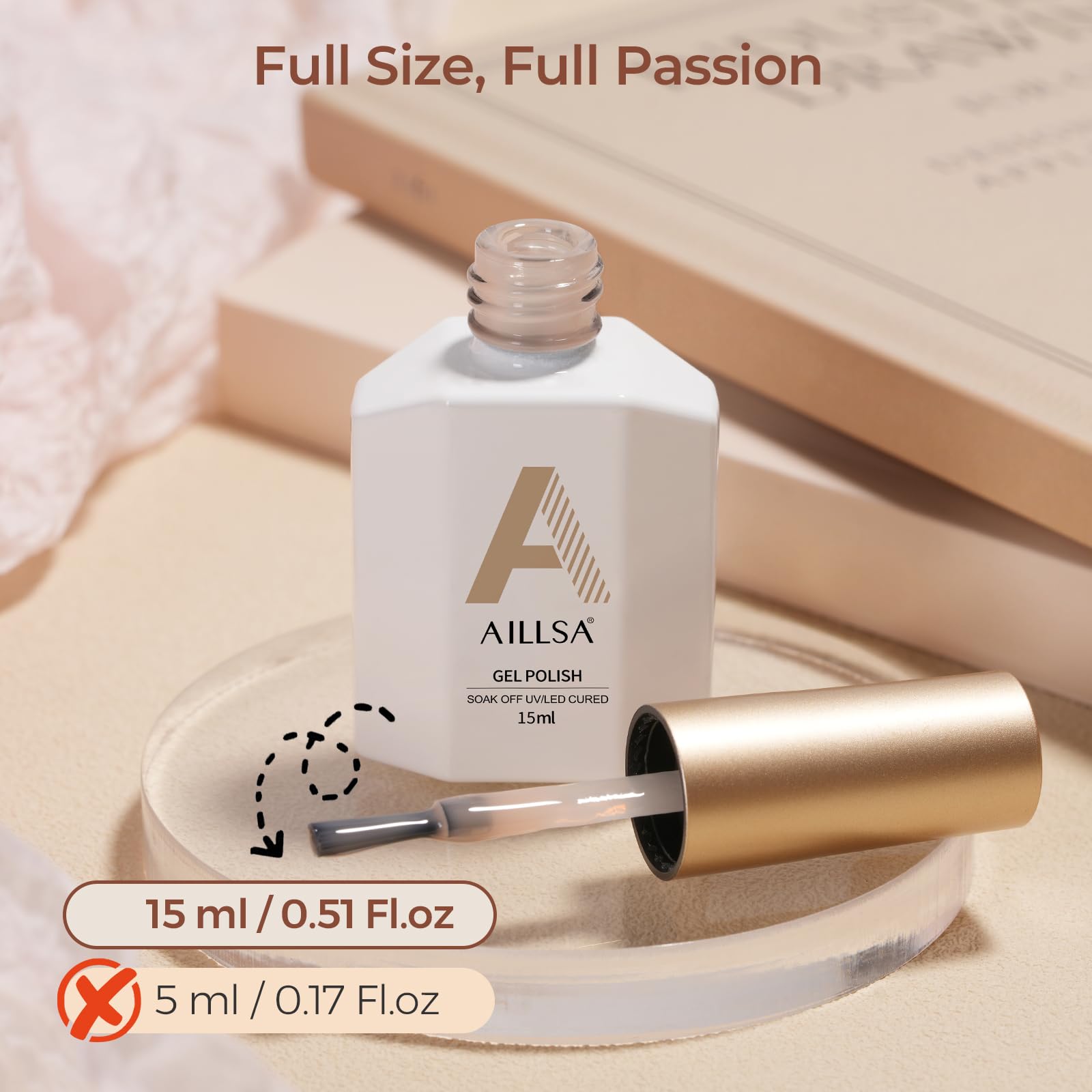 AILLSA Home manicure setup with nude gel and accessories.