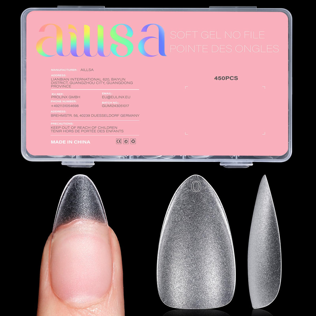 AILLSA Medium Almond Nail Tips full cover clear for durable salon-quality extensions.