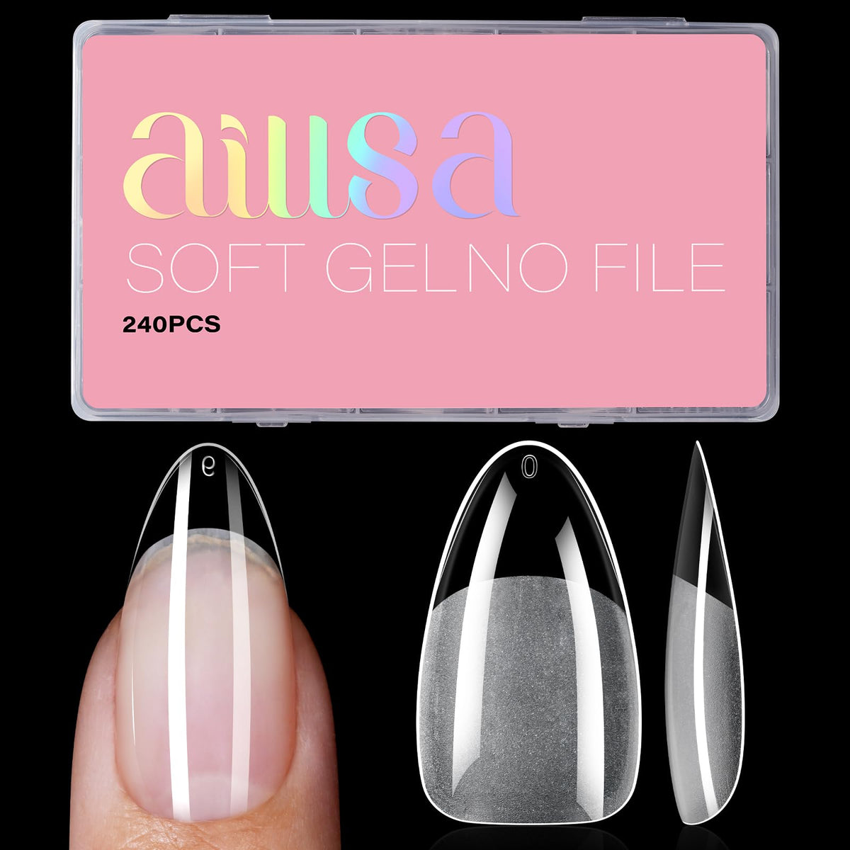 AILLSA Medium Almond Nail Tips box displaying 240 pieces for easy manicure prep.